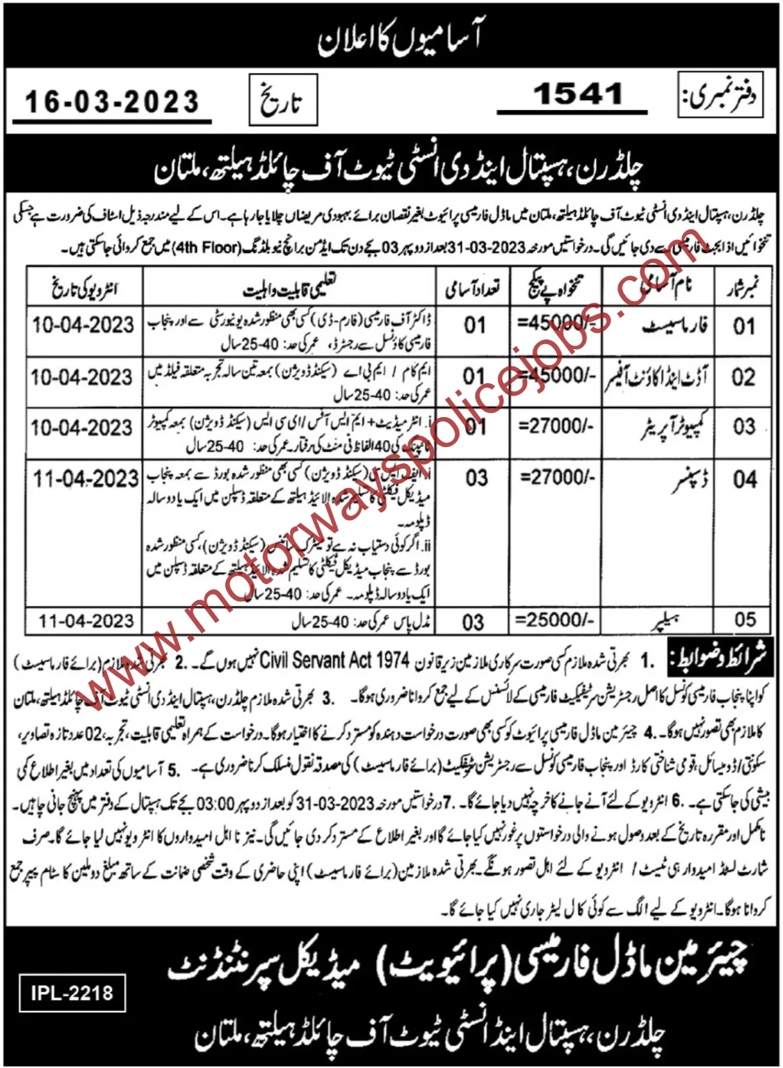 Latest Children Hospital Multan Jobs 2023 Advertisement