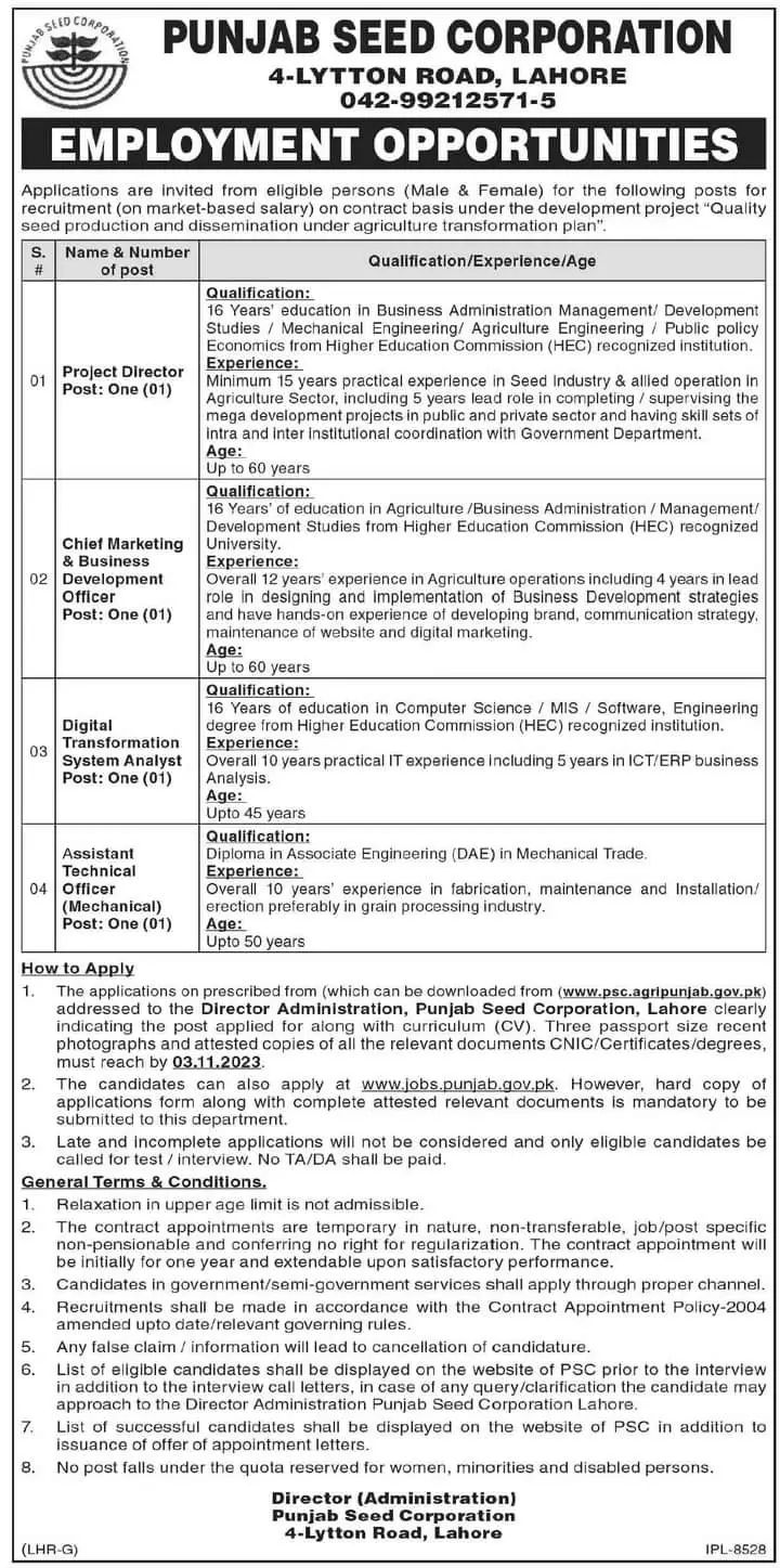 Punjab Seed Corporation Jobs