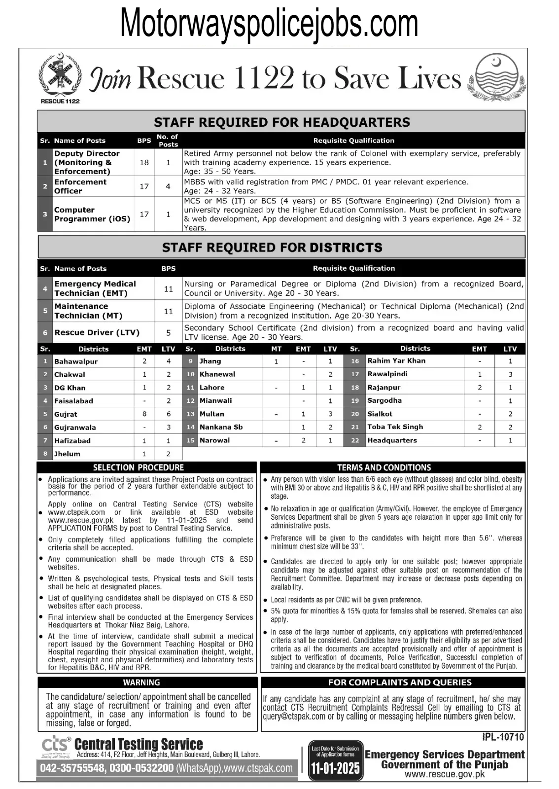 Rescue 1122 Jobs 2025 Punjab Emergency Service Advertisement